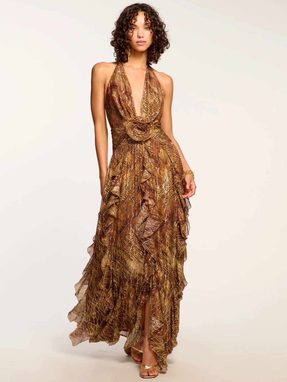 Ramy Brook Emerance Brown Metallic Animal Print Plunge Gown